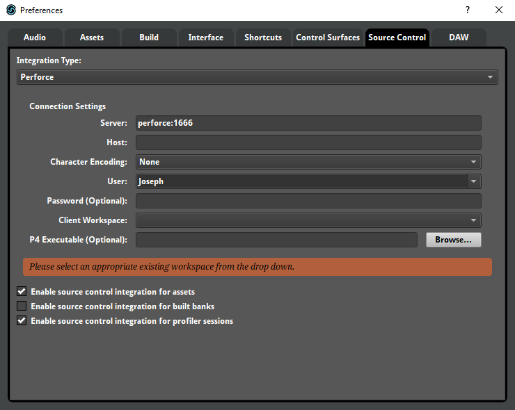 源代码控制选项卡，Perforce