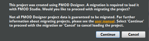 FMOD Designer 项目迁移对话框