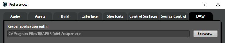 首选项对话框中 Reaper 应用程序路径设置